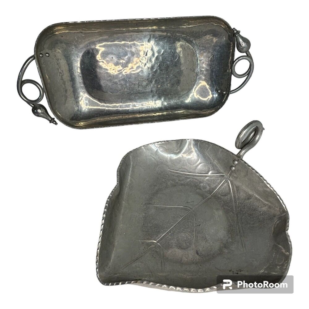 Vintage B W Buenilum Aluminum Tray & Leaf Shaped Nappy Serving Set Hand Wrought
